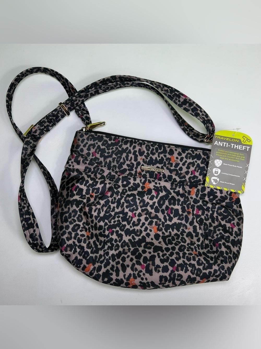 NWT Travelon Anti-Theft Shoulder Bag Leopard Print Slash-Proof Panels & Locking